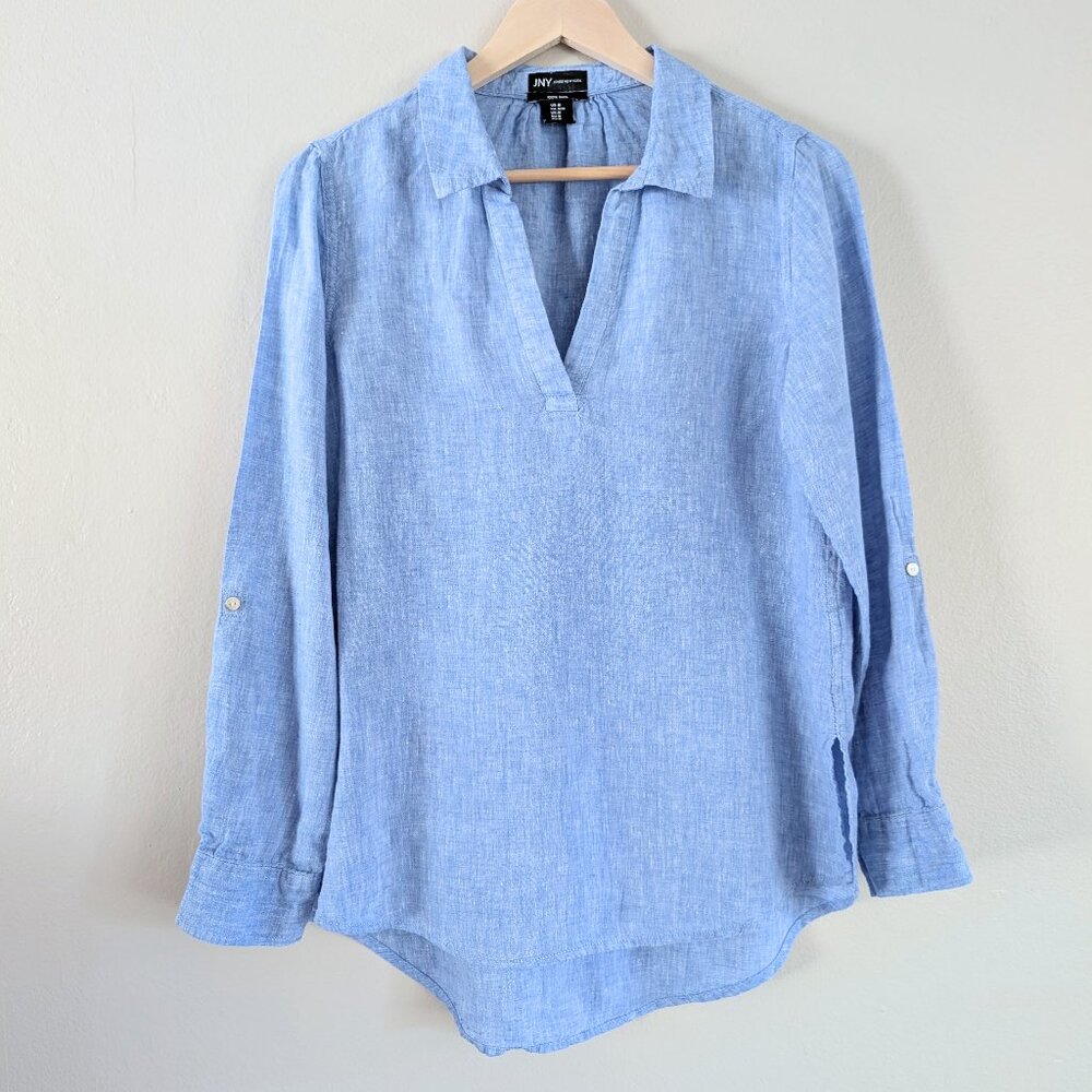 Jones New York Blue Linen Roll Tab Tunic Blouse Women M Coastal Lagenlook Casual